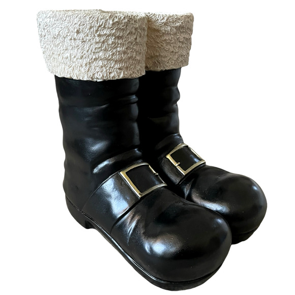 Santa Boots MERRY CHRISTMAS Container Planter Holiday Black Gold White Holiday - Picture 5 of 16